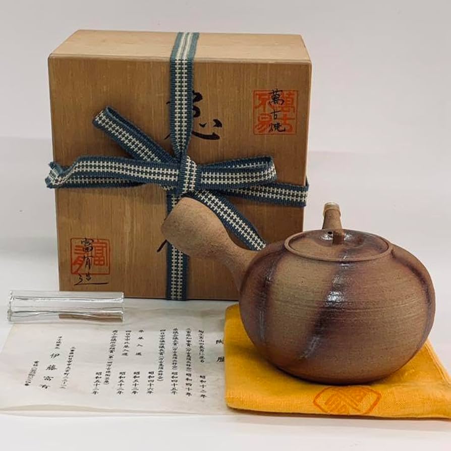 【茶注38    万古焼　急須　緋襷】伊藤富有　共箱 茶注38 万古焼急須緋襷】伊藤富有共箱